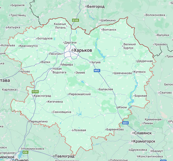 Карта Харьковской области, граница с Россией
