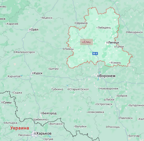 Елец на карте Липецкой области