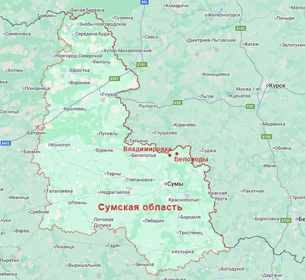 Владимировка и Беловоды на карте Сумской области Украины