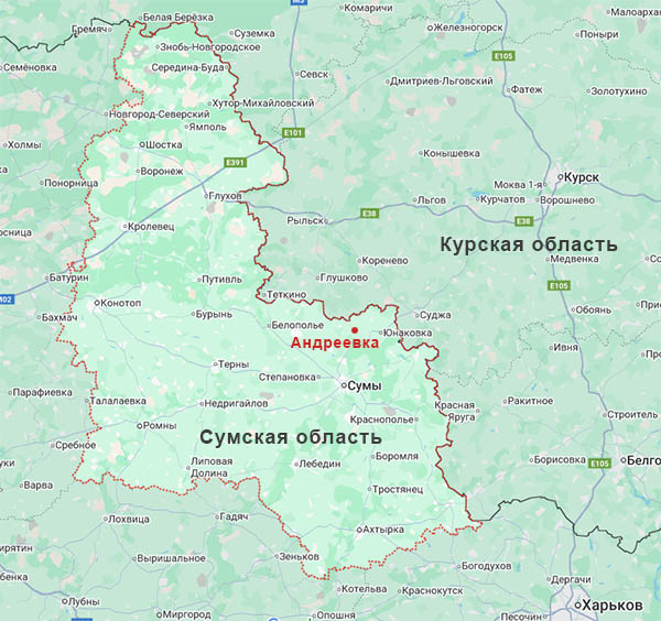 Андреевка на карте Сумской области Украины