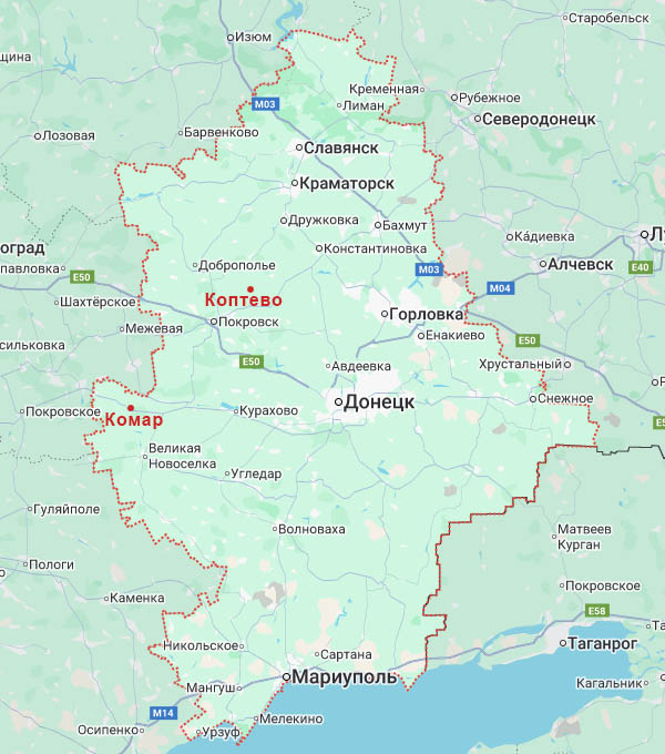 Комар и Коптево на карте Донецкой области ДНР