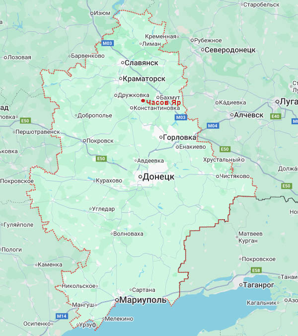 Часов Яр на карте Донецкой области ДНР